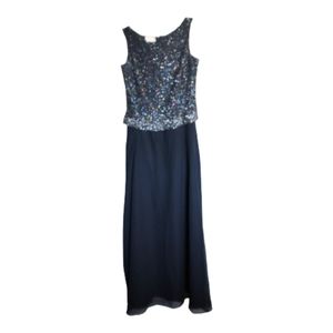 J Kara New York Beaded Sequin Chiffon Long Maxi Party Dress Navy Blue Size 12